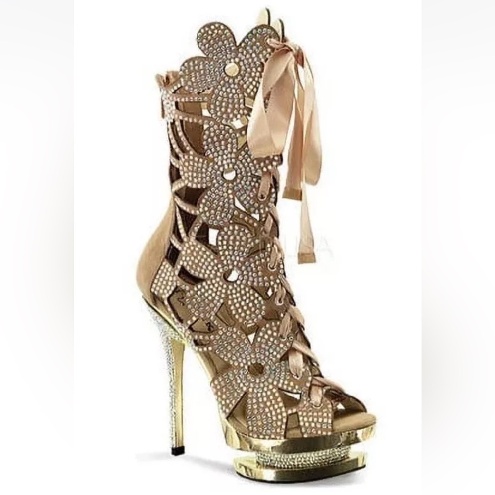 Pleaser Gold Floral Cutout Rhinestone Lace-Up Platform Heels